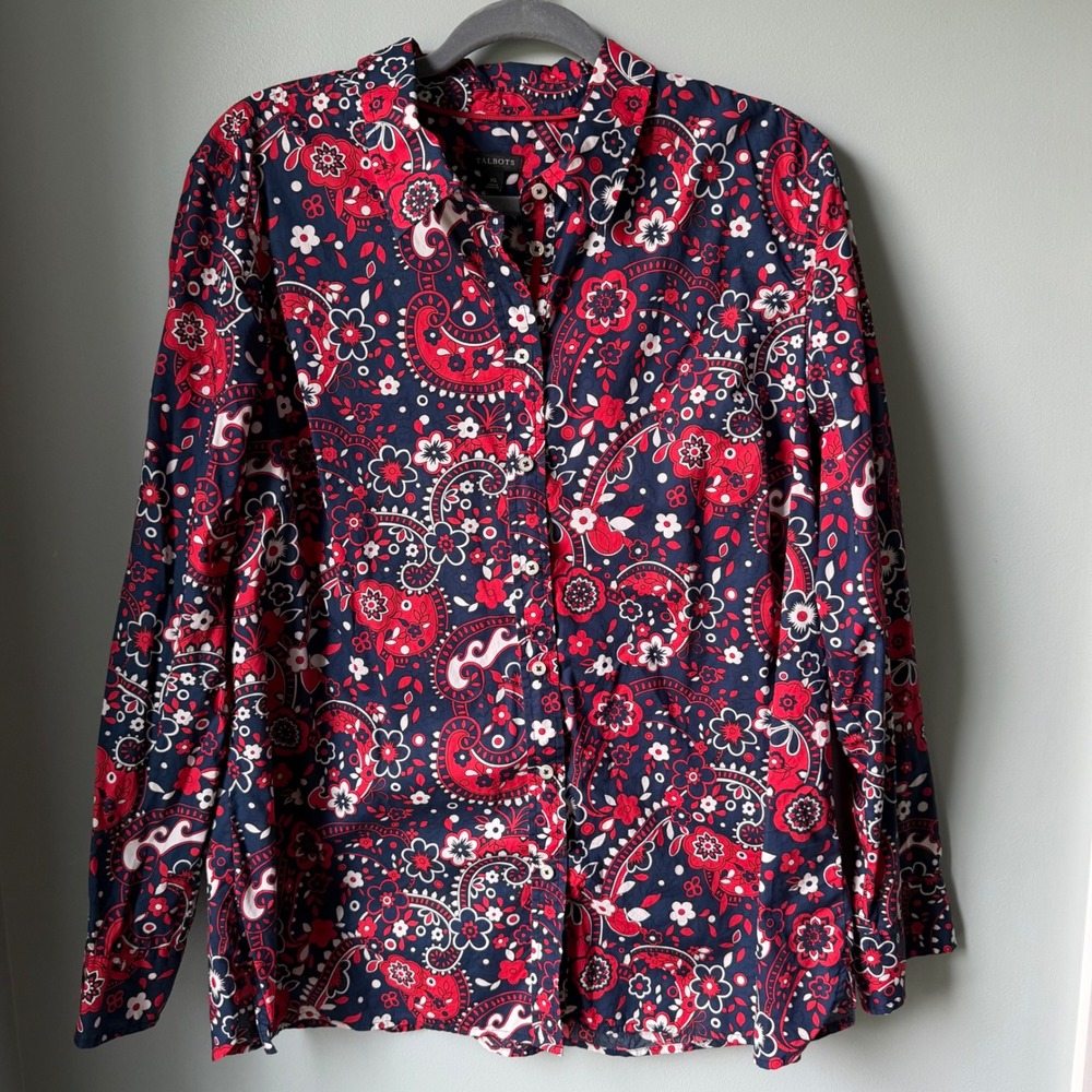 Talbots 100% Cotton Button Down Dress Shirt Red Blue Paisley Long Sleeve Size XL